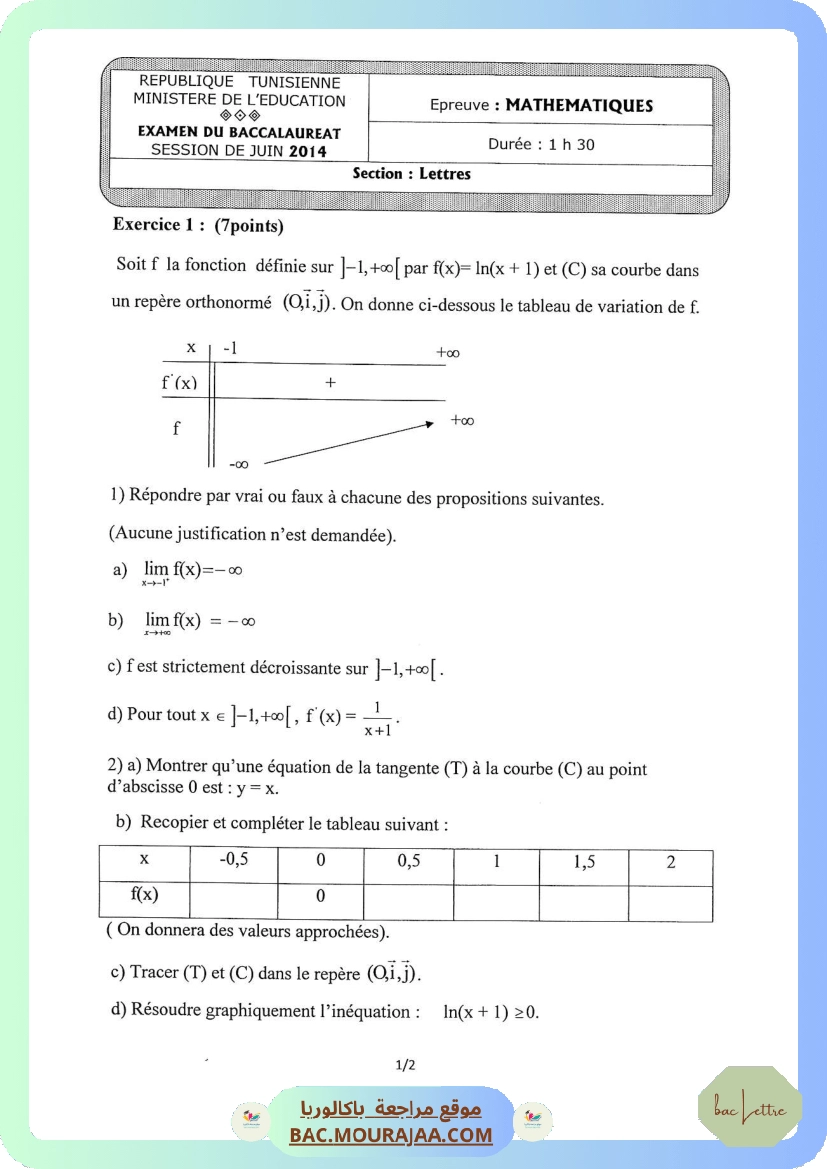 Sujet principale math Bac 2014 – Section lettre